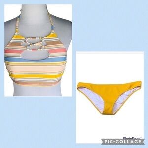 Hot Water Pastel Stipe Bikini Swim Top SP Shade & Shore Yellow Bottom S